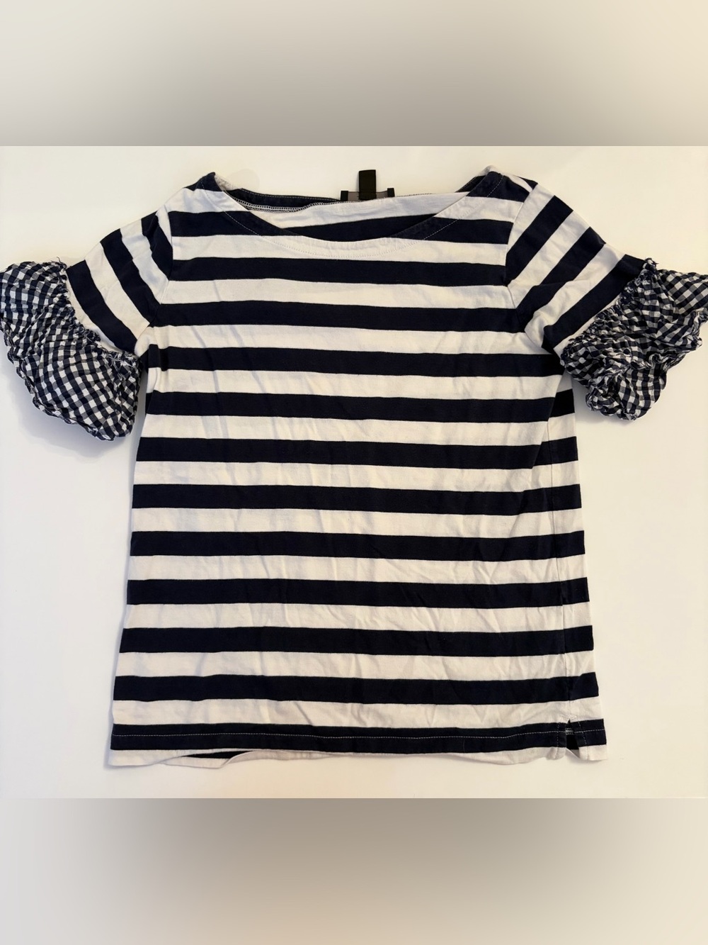 J. Crew Navy and White Striped Top with Gingham Ruffle Sleeves